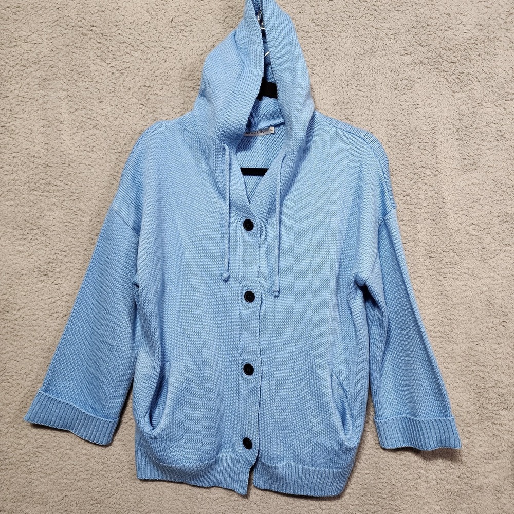 Misslook Womens Blue Sweater Cardigan‎ Hooded Size Small Knit Pockets